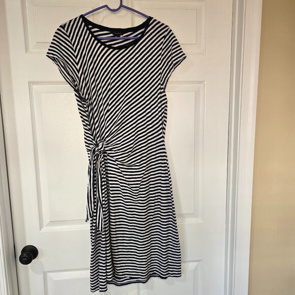 Talbots Wrap Tie Dress Navy White Stripes Cap Sleeves Round Neck Cotton Size XL - Picture 1 of 7